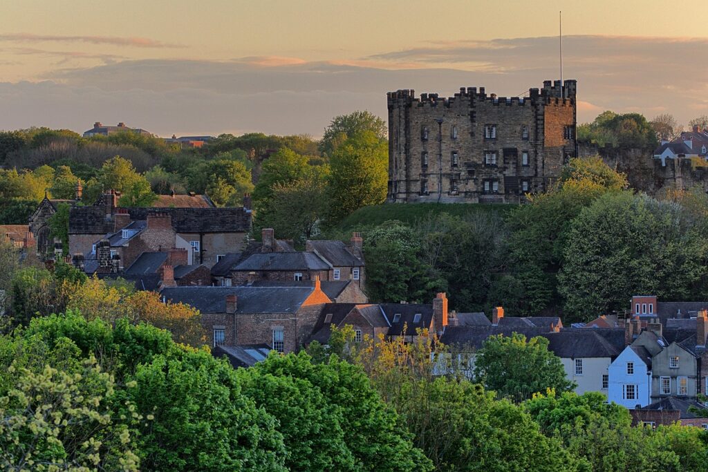 durham, castle, england, nature, springtime, tourism, evening, sunset