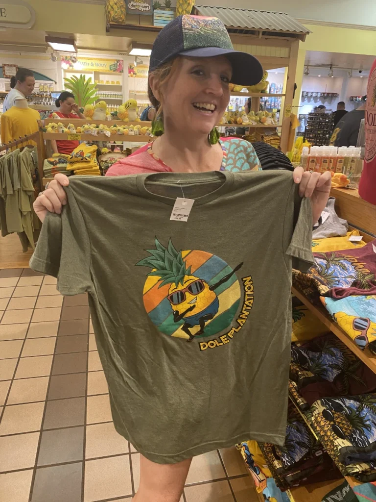 Inside the Dole Plantation gift store in Hawaii with pineapple-themed souvenirs
