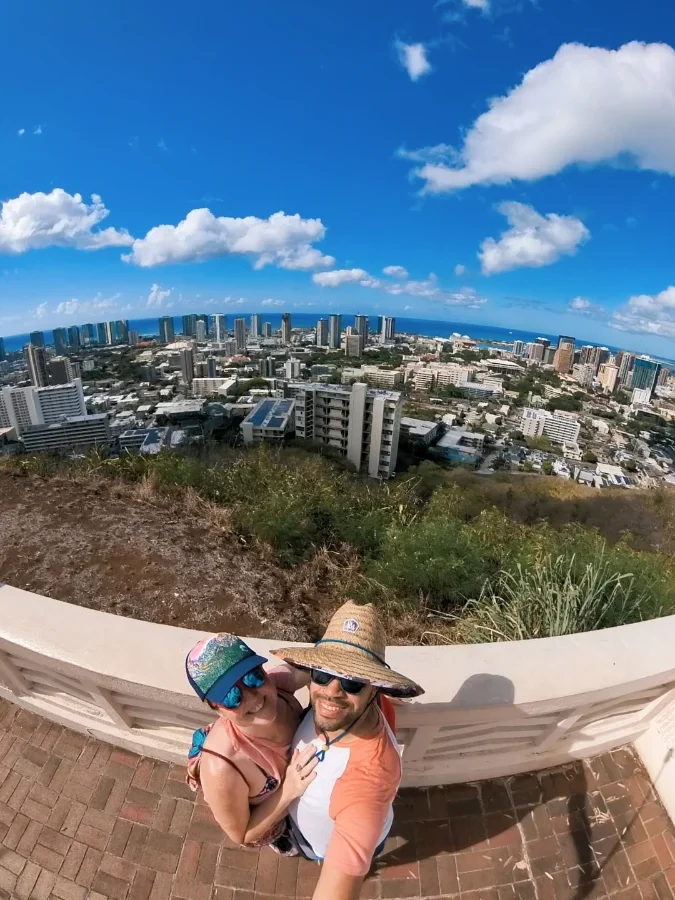 View of Honolulu city from Punchbowl Scenic Lookout overlooking downtown and the coastline